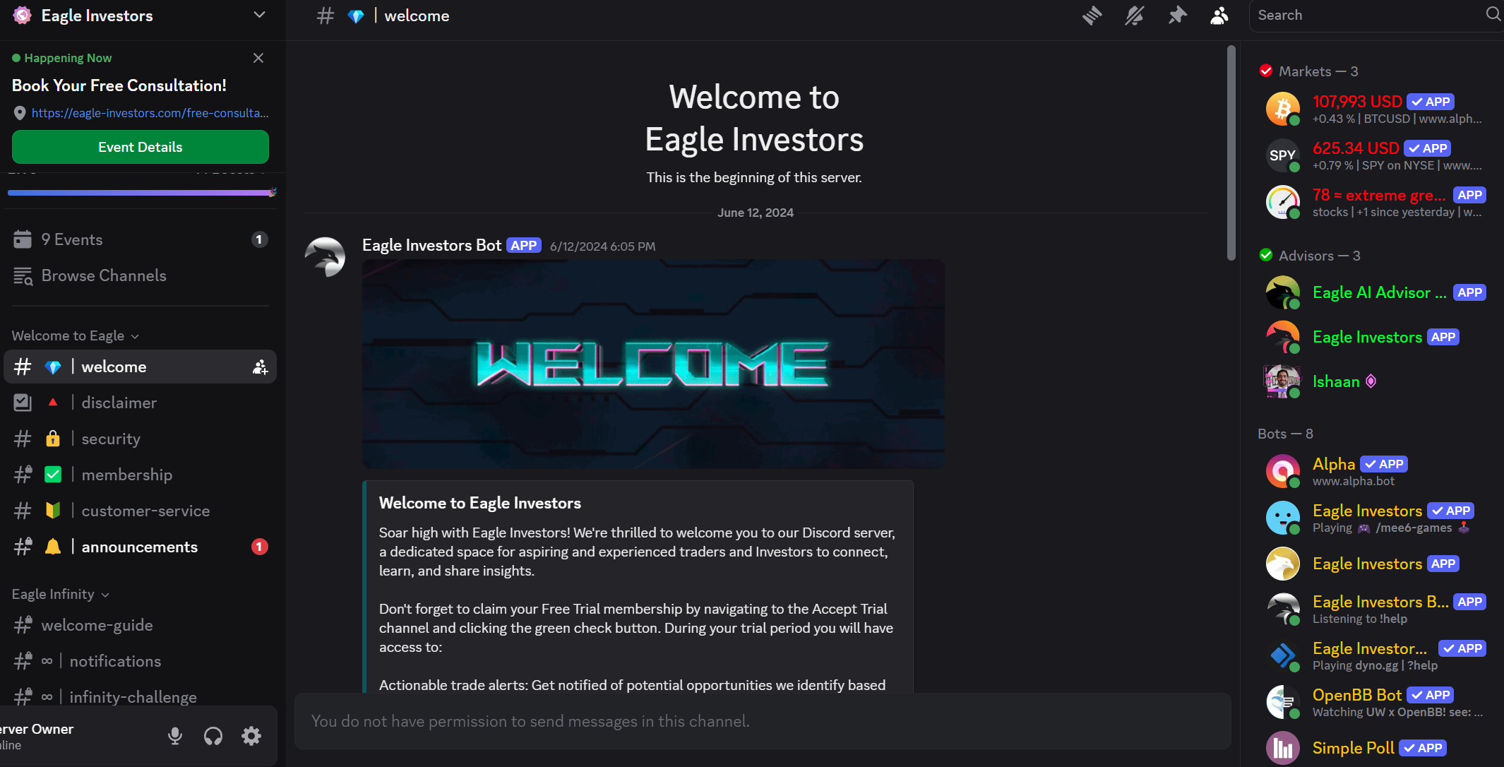 Eagle Investors Discord Welcome Interface